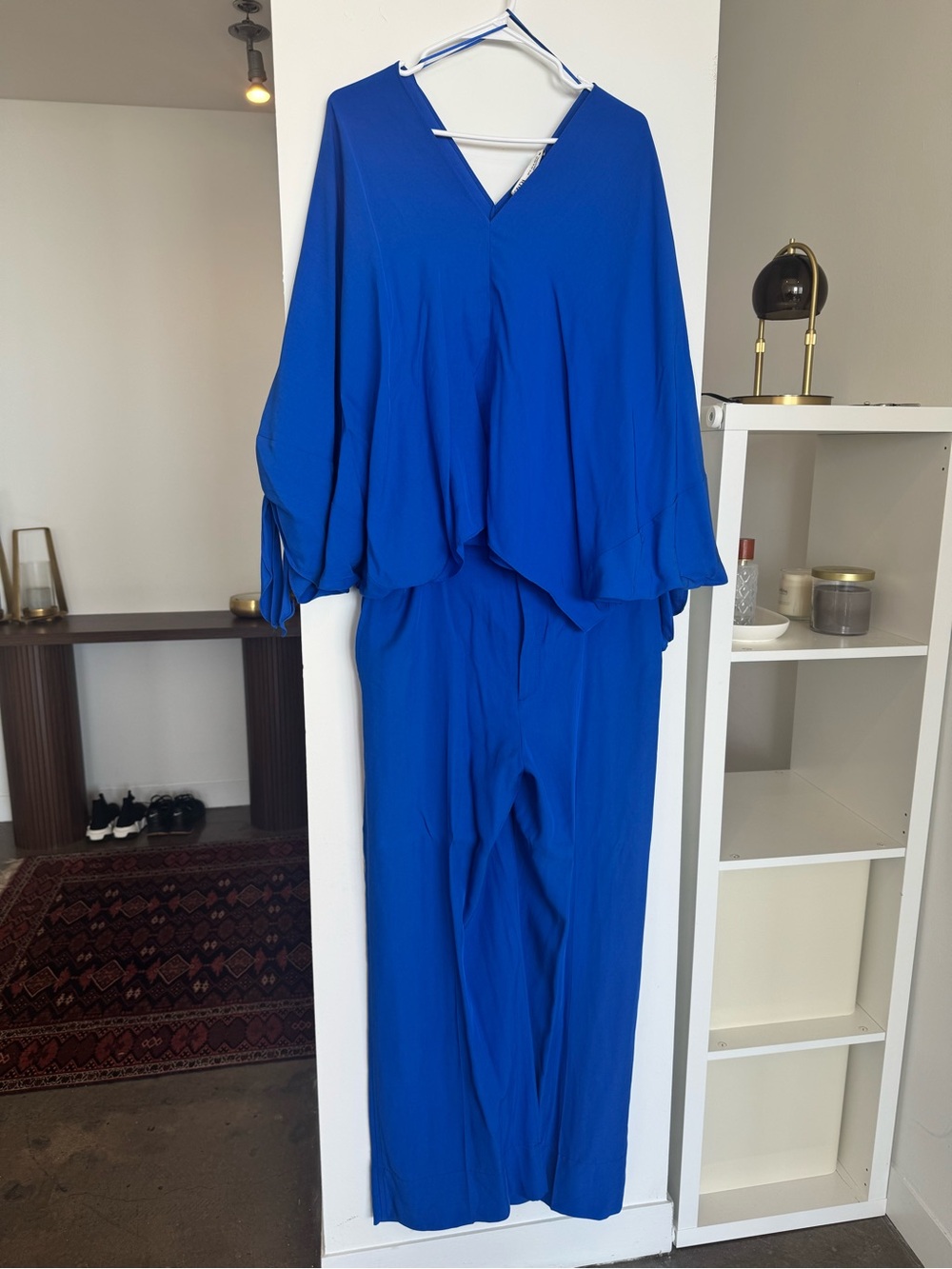 Zara Women's Royal Blue V-Neck Blouse and Wide Leg Pant Set XXL